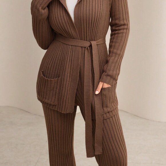 Camel Casual Women's Tie-Up Long Sleeve Knitted Cardigan And Knitted Pants Set - Picture 5 of 8